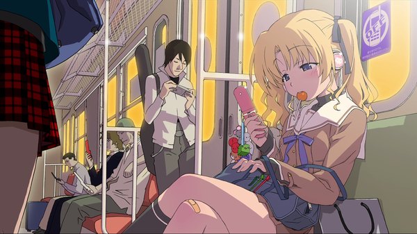 Anime picture 1920x1080 with ef a tale of memories ef a fairy tale of the two shaft (studio) sony hayama mizuki watanabe akio long hair highres blue eyes blonde hair wide image sitting multiple girls holding long sleeves multiple boys wallpaper mouth hold food in mouth train interior