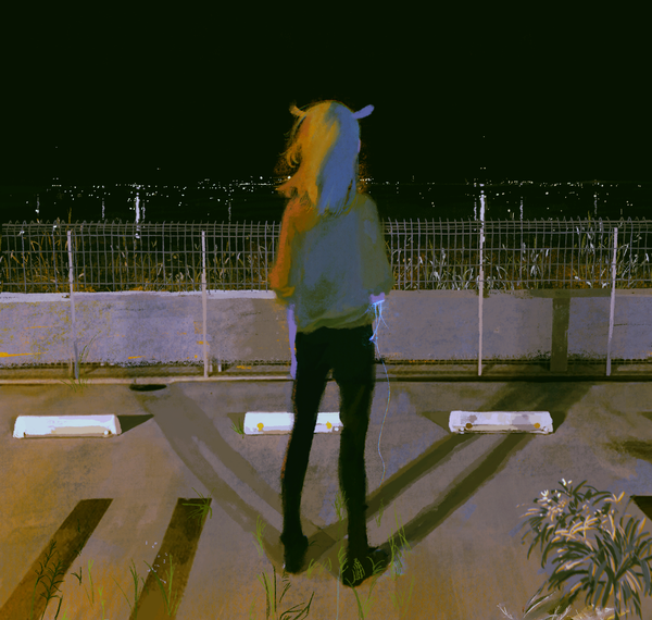 Anime picture 1800x1709 with original azigashimitoru single long hair highres standing animal ears full body multicolored hair from behind night city lights amputee girl fence