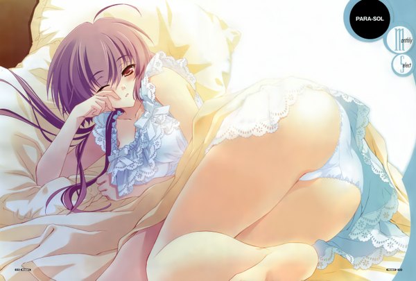 Anime picture 1400x945 with light erotic red eyes purple hair ass pantyshot girl bed