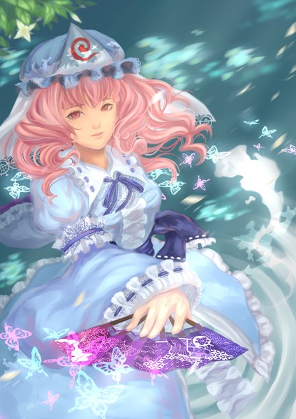 Anime picture 2480x3507 with touhou saigyouji yuyuko lzl (xiayang) single long hair tall image looking at viewer highres pink hair pink eyes girl dress water frills insect butterfly bonnet fan