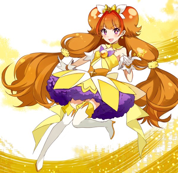 Anime picture 2603x2530 with precure go! princess precure toei animation amanogawa kirara cure twinkle aki (mare desiderii) single blush fringe highres open mouth smile bare shoulders very long hair pink eyes orange hair symbol-shaped pupils girl dress gloves