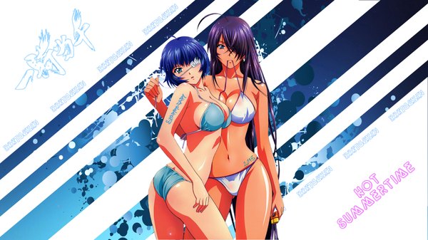 Anime picture 1920x1080 with ikkitousen kanu unchou ryomou shimei long hair fringe highres short hair blue eyes light erotic wide image multiple girls holding green eyes blue hair purple hair ahoge hair over one eye inscription midriff mouth hold