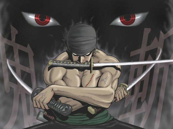 Anime picture 1024x768 with one piece toei animation roronoa zoro dracule mihawk dugan single holding mouth hold scar topless muscle fighting stance dual wielding eyes vein (veins) triple wielding boy weapon sword katana