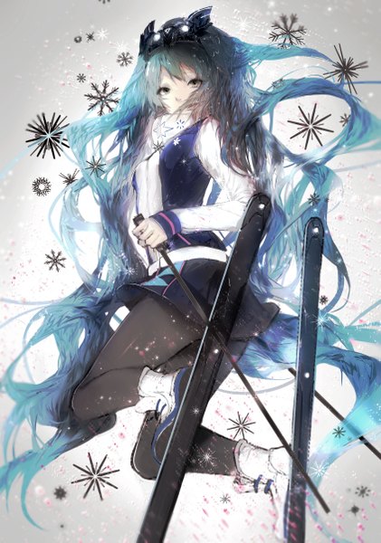 Anime picture 1690x2410 with vocaloid hatsune miku yuki miku yuki miku (2016) sa'yuki single tall image looking at viewer fringe holding purple hair bent knee (knees) very long hair looking back multicolored hair aqua hair grey background grey eyes gradient background snowing