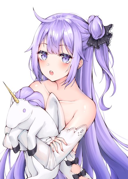 Anime picture 2589x3615 with azur lane unicorn (azur lane) wung125 single long hair tall image looking at viewer blush fringe highres open mouth simple background standing white background purple eyes bare shoulders holding payot purple hair upper body