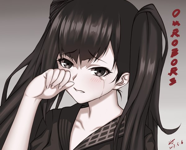 Anime picture 3507x2834 with girls frontline ouroboros (girls frontline) zui ai shuang mawei single long hair looking at viewer blush fringe highres black hair simple background twintails signed absurdres upper body black eyes character names tears gradient background dated