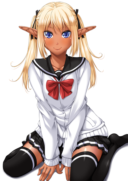 Anime picture 744x1052 with original chiro (pixiv) single long hair tall image looking at viewer blue eyes blonde hair simple background smile white background sitting twintails pointy ears no shoes zettai ryouiki dark skin wariza elf between thighs