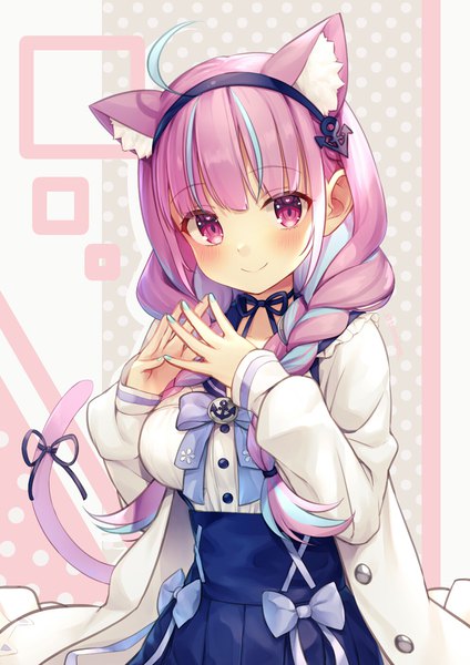 Anime picture 992x1403 with virtual youtuber hololive minato aqua minato aqua (sailor) tokoshibyra single long hair tall image looking at viewer smile animal ears pink hair upper body ahoge tail braid (braids) animal tail pink eyes multicolored hair cat ears