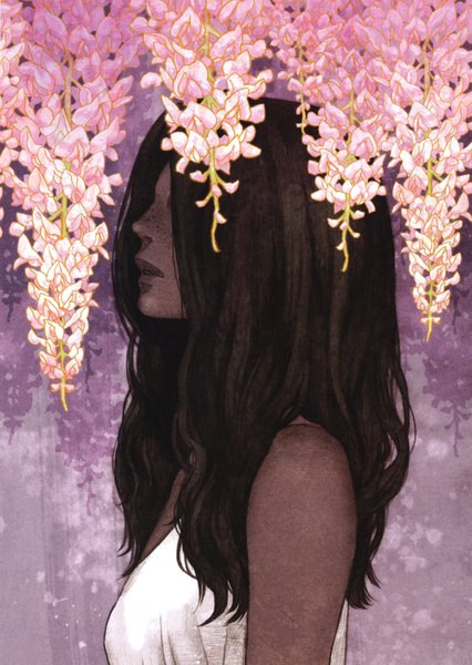 Anime picture 3282x4625 with original book of pictures (artbook) midori foo long hair tall image highres open mouth black hair absurdres profile scan girl dress flower (flowers) white dress wisteria