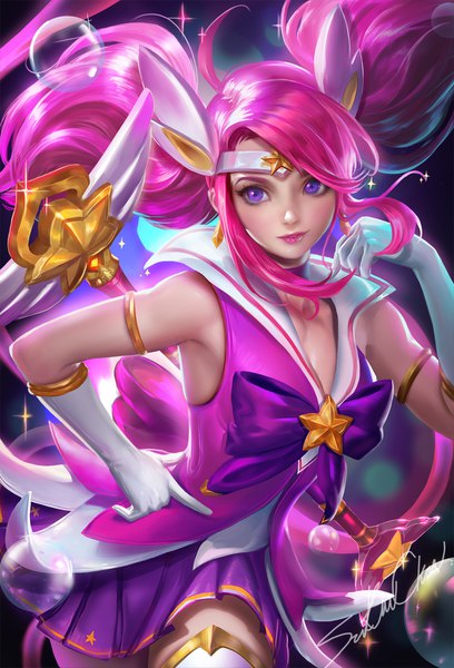 Anime picture 1156x1700 with league of legends lux (league of legends) star guardian lux sakimichan single long hair tall image looking at viewer standing twintails purple eyes bare shoulders signed payot pink hair pleated skirt lips realistic sparkle hand on hip