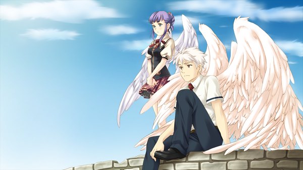 Anime picture 1280x720 with tsubasa o kudasai (game) short hair blue eyes red eyes wide image game cg purple hair white hair girl boy wings serafuku