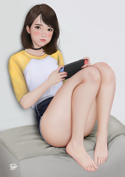 Anime picture 2480x3508 with nintendo real life ditta amelia saraswati jubi (regiana) single tall image looking at viewer blush highres short hair light erotic simple background brown hair sitting brown eyes bent knee (knees) barefoot realistic grey background mole