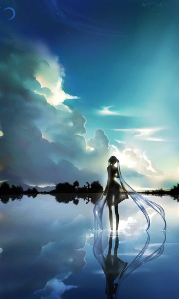 Anime picture 2480x4133 with vocaloid hatsune miku kamachi kamachi-ko single tall image highres standing twintails blue hair looking away sky cloud (clouds) very long hair from behind night night sky reflection crescent sunrise liquid hair