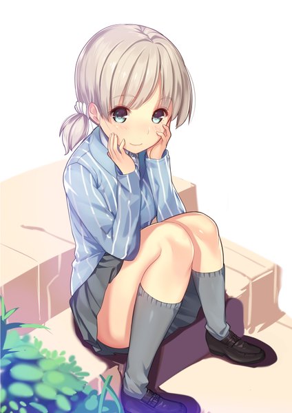 Anime picture 1265x1789 with girls und panzer aki (girls und panzer) kagematsuri single tall image looking at viewer blush fringe short hair smile white background sitting twintails green eyes silver hair full body bent knee (knees) blunt bangs pleated skirt from above