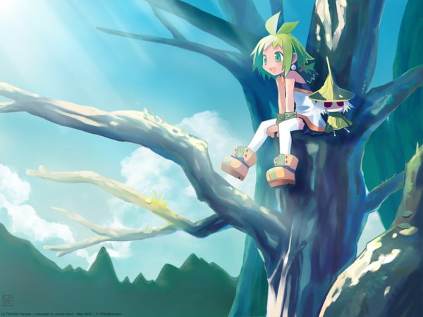 Anime picture 1280x960 with phantom brave marona blush open mouth green eyes green hair girl thighhighs plant (plants) white thighhighs tree (trees)