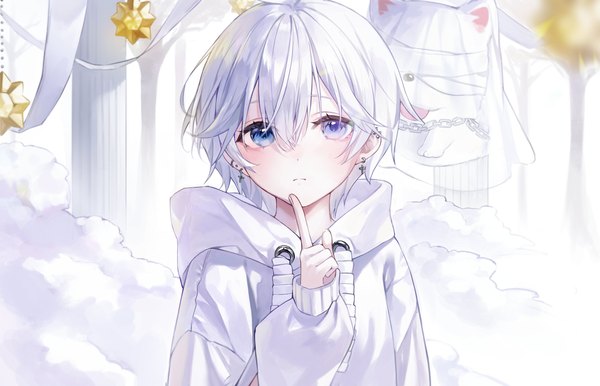 Anime picture 4096x2637 with virtual youtuber vee (vtuber) oshiro ito knowa single looking at viewer fringe highres short hair blue eyes hair between eyes absurdres silver hair upper body long sleeves blurry piercing finger to mouth sleeves past wrists ear piercing