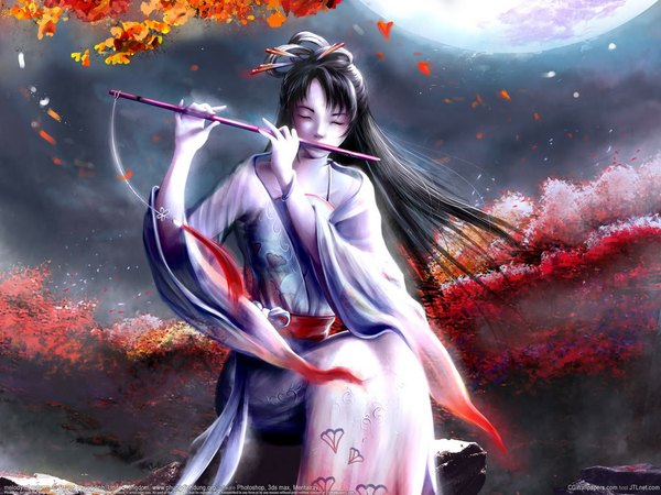 Anime picture 1024x768 with original phungdinhdung long hair black hair sitting eyes closed japanese clothes wind night girl belt kimono leaf (leaves) moon musical instrument flute