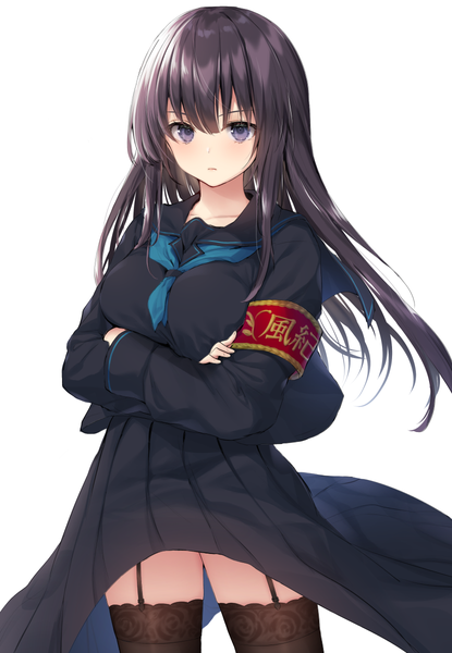 Anime picture 830x1200 with original navy (navy.blue) single long hair tall image looking at viewer blush fringe breasts black hair simple background hair between eyes standing white background purple eyes long sleeves pleated skirt crossed arms serious girl