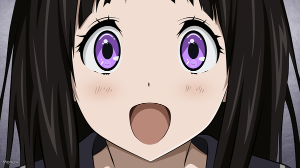 Anime-Bild 2200x1237 mit hyouka kyoto animation chitanda eru morrow single long hair looking at viewer highres open mouth black hair wide image purple eyes :d happy close-up face girl