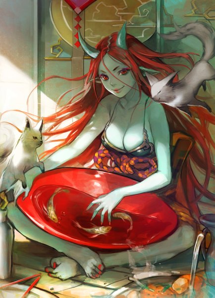 Anime picture 900x1243 with original ddongu single long hair tall image looking at viewer breasts light erotic red eyes large breasts sitting cleavage red hair nail polish horn (horns) fingernails light smile lips sleeveless lipstick