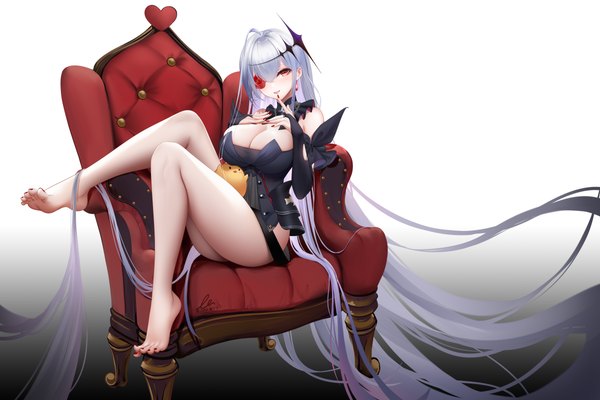 Anime picture 7200x4800 with azur lane manjuu (azur lane) emden (azur lane) liu liaoliao looking at viewer blush fringe highres breasts open mouth light erotic smile hair between eyes red eyes large breasts sitting signed absurdres cleavage silver hair
