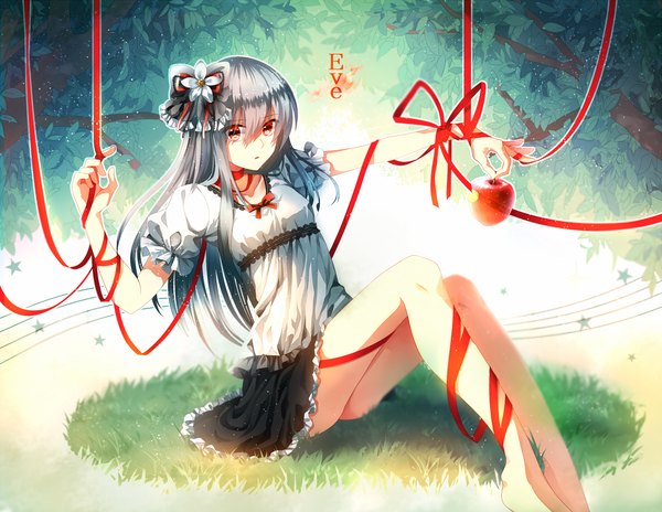Anime picture 1500x1162 with original kuga huna single long hair looking at viewer red eyes sitting holding silver hair barefoot bare legs sparkle girl skirt hair ornament ribbon (ribbons) plant (plants) miniskirt tree (trees) grass