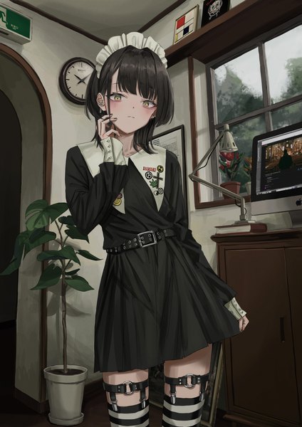 Anime picture 2894x4093 with original apple inc. nadegata single tall image looking at viewer highres short hair black hair standing yellow eyes indoors long sleeves nail polish fingernails piercing ear piercing striped girl thighhighs