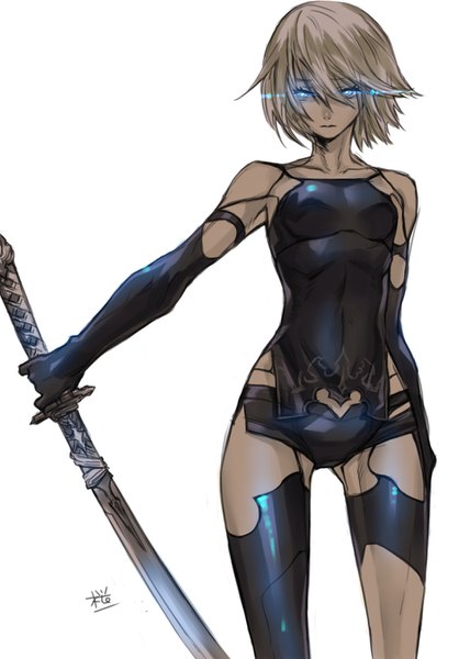 Anime picture 1000x1400 with nier nier:automata yorha type a no. 2 tombsakura single tall image looking at viewer fringe short hair blue eyes light erotic simple background hair between eyes standing white background bare shoulders signed grey hair outstretched arm glowing