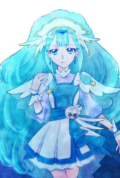 Anime picture 1181x1748 with precure hugtto! precure yakushiji saaya cure ange aizen (syoshiyuki) single long hair tall image looking at viewer blue eyes simple background white background aqua hair magical girl girl dress earrings