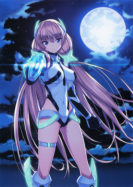 Anime picture 742x1047 with expelled from paradise angela balzac saitom single tall image looking at viewer fringe breasts open mouth blue eyes light erotic blonde hair large breasts standing twintails cloud (clouds) very long hair night official art night sky
