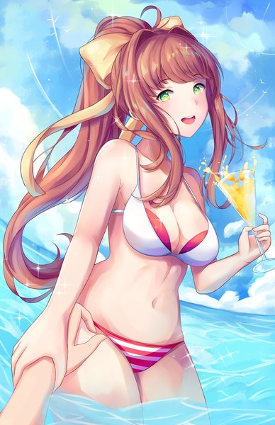 Anime picture 970x1500 with doki doki literature club monika (doki doki literature club) oppaniichan long hair tall image looking at viewer fringe breasts open mouth light erotic smile brown hair large breasts standing bare shoulders holding green eyes payot sky cloud (clouds)