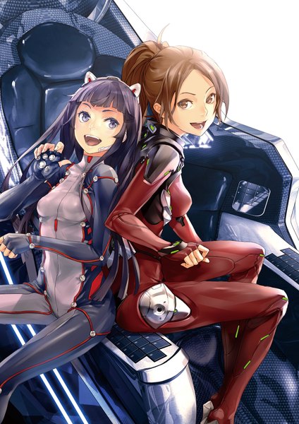 Anime picture 1280x1810 with guilty crown production i.g tsugumi shinomiya ayase redjuice long hair tall image open mouth smile brown hair sitting purple eyes multiple girls brown eyes animal ears purple hair ponytail cat ears girl 2 girls