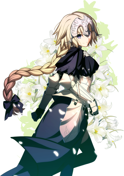Anime picture 2463x3500 with fate (series) fate/apocrypha jeanne d'arc (fate) (all) jeanne d'arc (fate) takeuchi takashi single long hair tall image looking at viewer blush highres blonde hair smile looking back grey eyes girl gloves ribbon (ribbons) hair ribbon petals