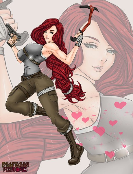 Anime picture 800x1043 with league of legends tomb raider miss fortune (league of legends) lara croft digitally-devious single long hair tall image looking at viewer breasts light erotic smile large breasts green eyes red hair sleeveless cosplay zoom layer lara croft (cosplay) girl