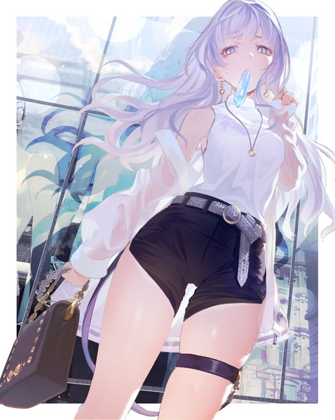 Anime picture 2354x2953 with original sachimaa single long hair tall image looking at viewer blush fringe highres standing purple eyes bare shoulders holding payot purple hair long sleeves arm up wind off shoulder open jacket