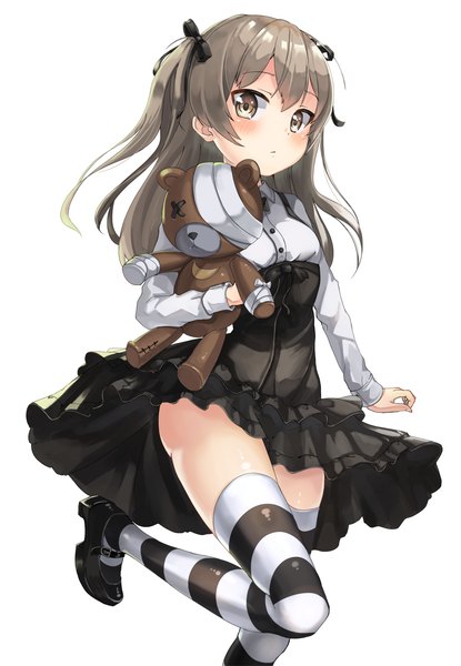 Anime picture 2156x3116 with girls und panzer shimada arisu boko (girls und panzer) 2drr single long hair tall image looking at viewer fringe highres light erotic simple background brown hair white background brown eyes bent knee (knees) long sleeves one side up upskirt girl