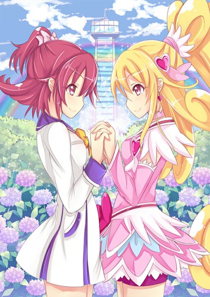 Anime picture 707x1000 with precure dokidoki! precure toei animation aida mana cure heart icywood long hair tall image blush short hair blonde hair multiple girls pink hair sky cloud (clouds) ponytail profile pink eyes girl dress