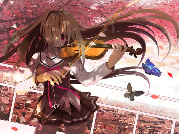 Anime picture 1280x960 with original susugi single long hair blush fringe red eyes brown hair hair over one eye cityscape girl skirt uniform school uniform miniskirt petals insect butterfly musical instrument violin