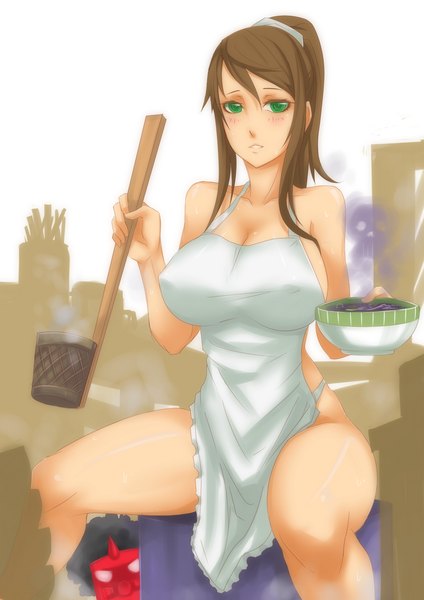 Anime picture 800x1131 with exaxuxer long hair tall image looking at viewer blush breasts light erotic black hair large breasts green eyes spread legs erect nipples covered nipples naked apron girl mask plate