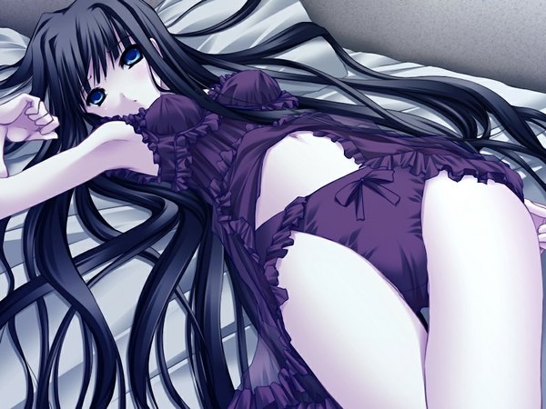 Anime picture 1024x768 with triptych (game) long hair blue eyes light erotic black hair game cg lying girl underwear panties bed