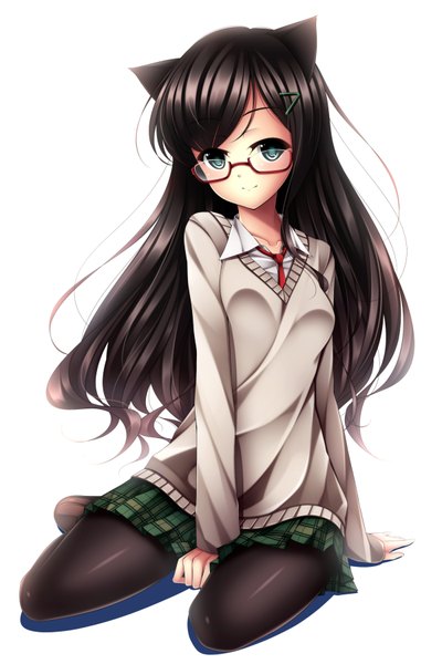 Anime picture 2400x3600 with original jk-ff single long hair tall image looking at viewer blush highres blue eyes black hair white background animal ears cat ears girl skirt pantyhose glasses sweater