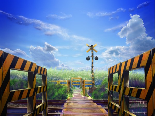 Anime picture 1600x1200 with original geshi sky cloud (clouds) no people landscape field plant (plants) grass traffic sign railways railway signal