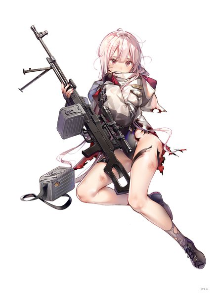 Anime picture 1419x1920 with girls frontline ukm-2000 (girls frontline) dsmile single long hair tall image fringe light erotic simple background hair between eyes white background looking away pink hair full body pink eyes official art legs torn clothes girl weapon