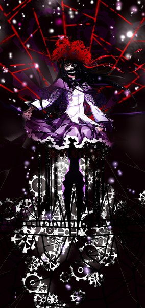 Anime picture 960x2026 with mahou shoujo madoka magica shaft (studio) akemi homura kaji ichi hana single long hair tall image looking at viewer fringe black hair smile purple eyes hair flower sad girl dress uniform flower (flowers) ribbon (ribbons) hair ribbon