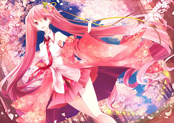 Anime picture 1000x707 with vocaloid hatsune miku sakura miku t miyanagi single standing bare shoulders pink hair very long hair traditional clothes :d japanese clothes pleated skirt pink eyes wind wide sleeves dutch angle sleeveless cherry blossoms girl