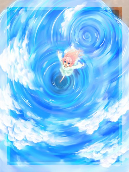 Anime picture 1200x1600 with original denpaderupa single long hair tall image blue eyes smile pink hair cloud (clouds) weightlessness running girl dress water white dress wave (waves)