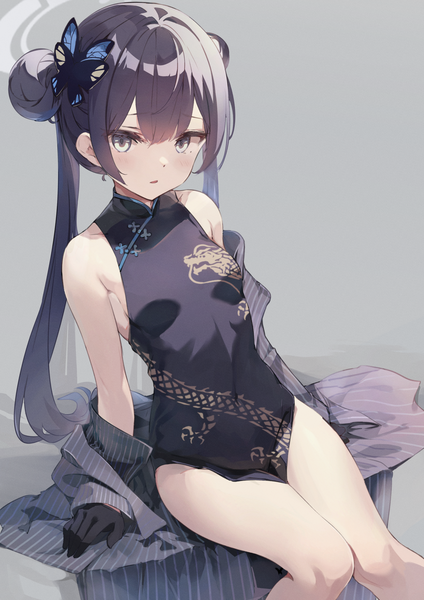 Anime picture 1521x2151 with blue archive kisaki (blue archive) koomoi single long hair tall image fringe light erotic black hair simple background hair between eyes sitting twintails traditional clothes grey background grey eyes hair bun (hair buns) chinese clothes girl hair ornament