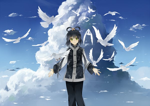 Anime picture 990x700 with vocaloid vocaloid china luo tianyi haijin single long hair looking at viewer fringe black hair green eyes sky cloud (clouds) traditional clothes chinese clothes spread arms flock girl animal bird (birds) pigeon