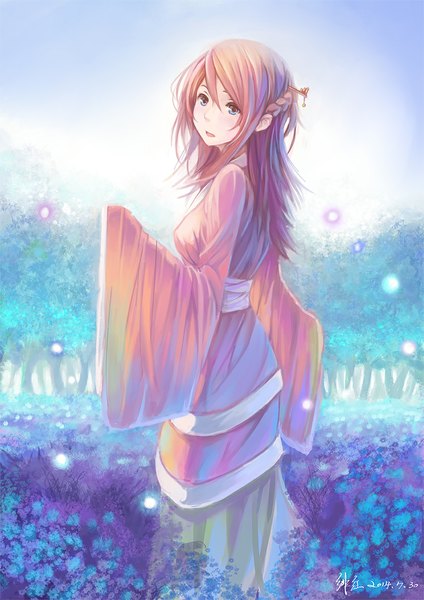 Anime picture 827x1169 with original feihong single long hair tall image looking at viewer blue eyes pink hair looking back girl dress flower (flowers) plant (plants) tree (trees)