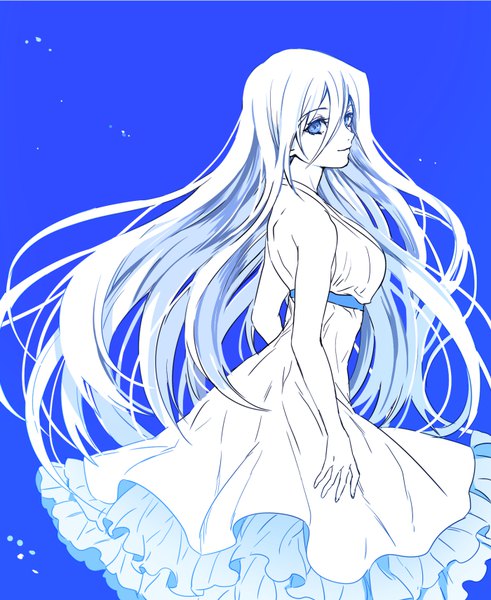 Anime picture 700x854 with yu-gi-oh! yu-gi-oh! duel monsters kisara liveol single long hair tall image fringe blue eyes simple background hair between eyes bare shoulders looking away white hair floating hair blue background girl dress sundress